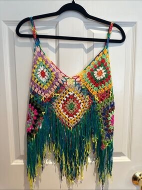 NWOT BOHO Multi-Color Crochet Fringe Tank Top SZ Asian One Size